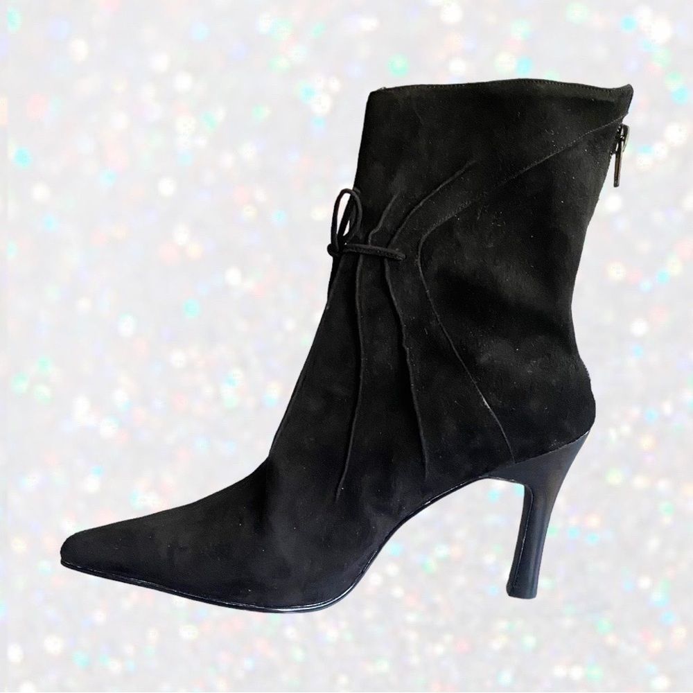 🆕 NEW Spiegel Black Leather Suede Ankle Boots with Accent Bow Tie